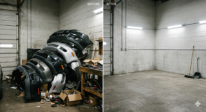 Before and after car bumper collection - clear workshop floor after scheduled automotive waste pickup