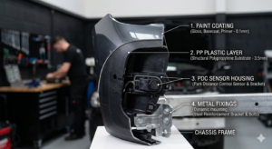 Car bumper materials - polypropylene structure with paint, PDC sensors and metal fixings