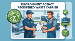 Registered waste carrier issuing Waste Transfer Note at UK bodyshop car bumper collection