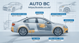 Diagram of plastic parts in a car by location and weight